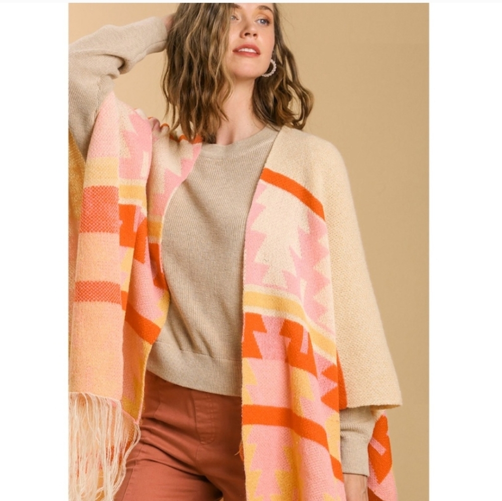 🍂 Nwt Umgee Strawberry Cream Aztec Geometric Patterned Poncho Shawl